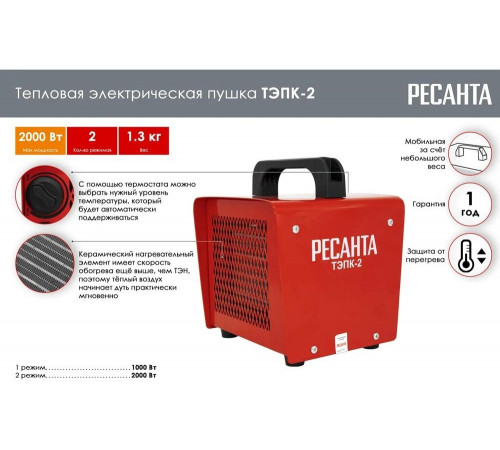 Тепловая электрическая пушка Ресанта АКЦИЯ ТЭПК-2 керамический нагревательный элемент, квадратный корпус 67/1/40 Тепловая электрическая пушка Ресанта АКЦИЯ ТЭПК-2 керамический нагревательный элемент, квадратный корпус 67/1/40