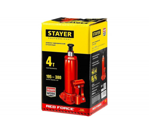 STAYER 4 т, 195-380 мм, домкрат бутылочный гидравлический RED FORCE 43160-4_z01 Professional STAYER 4 т, 195-380 мм, домкрат бутылочный гидравлический RED FORCE 43160-4_z01 Professional