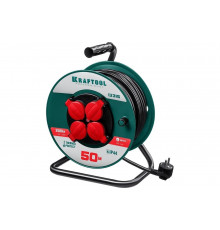 Удлинитель на катушке KRAFTOOL P-315, 50м, 3500Вт, 4 гнезда, IP44, ПВС 3х1.5мм2, 55084-50