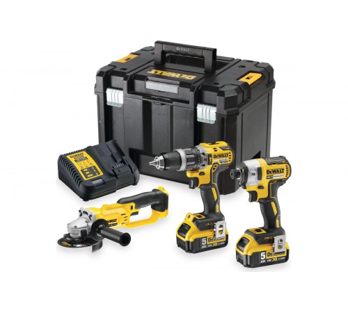 Набор электроинструмента Dewalt 18 В: дрель-шуруповерт DCD796, шуруповерт DCF887 и УШМ DCG412, с 2 АКБ 5 Ач и ЗУ, в кейсе TSTAK, DCK383P2T DCK383P2T-QW