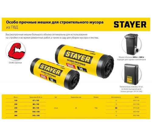 STAYER 120 л, черный, 10 шт., особо прочные, мешки для строительного мусора COMFORT 39157-120 STAYER 120 л, черный, 10 шт., особо прочные, мешки для строительного мусора COMFORT 39157-120