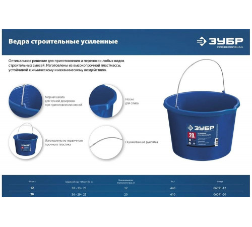 Усиленное строительное пластиковое ведро ЗУБР 20 л 06091-20 Усиленное строительное пластиковое ведро ЗУБР 20 л 06091-20