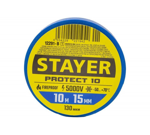 STAYER 10м х 15 мм, синяя, Protect-10 изолента ПВХ 12291-B_z01 Professional STAYER 10м х 15 мм, синяя, Protect-10 изолента ПВХ 12291-B_z01 Professional
