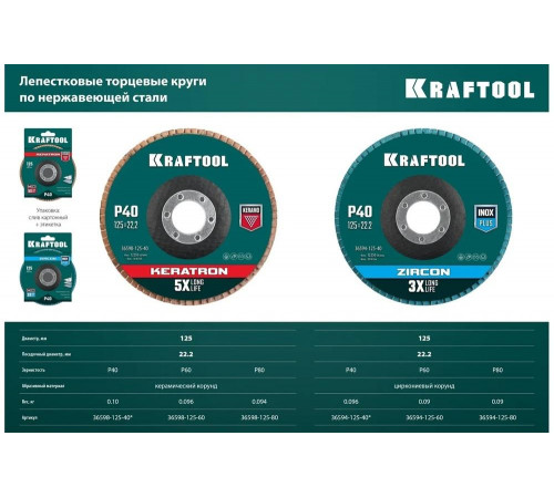 Лепестковый циркониевый торцевой круг для обработки металла и нержавеющей стали 125x22,2мм P60 KRAFTOOL ZIRCON Inox-Plus