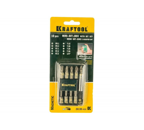 KRAFTOOL Compact-10 с магнитным адаптером 10 шт, Набор бит (26130-H10) KRAFTOOL Compact-10 с магнитным адаптером 10 шт, Набор бит (26130-H10)