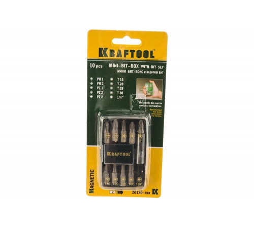 KRAFTOOL Compact-10 с магнитным адаптером 10 шт, Набор бит (26130-H10) KRAFTOOL Compact-10 с магнитным адаптером 10 шт, Набор бит (26130-H10)