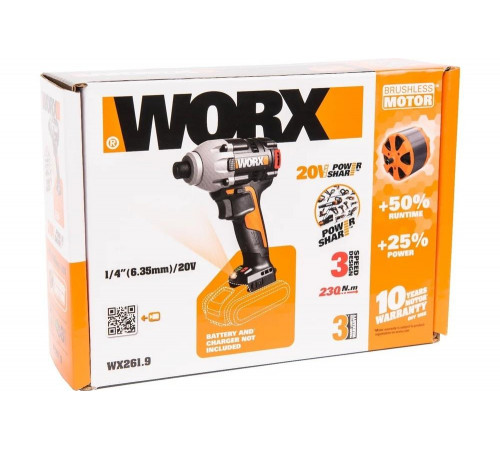 Ударный бесщеточный аккумуляторный винтоверт WORX Impact 20 В, без АКБ и ЗУ WX261.9 Ударный бесщеточный аккумуляторный винтоверт WORX Impact 20 В, без АКБ и ЗУ WX261.9
