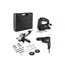 Набор сетевого инструмента DEKO: дрель DKD600W, угловая шлифмашина DKAG650W, электролобзик DKJS650, набор аксессуаров-8 предметов 063-4269