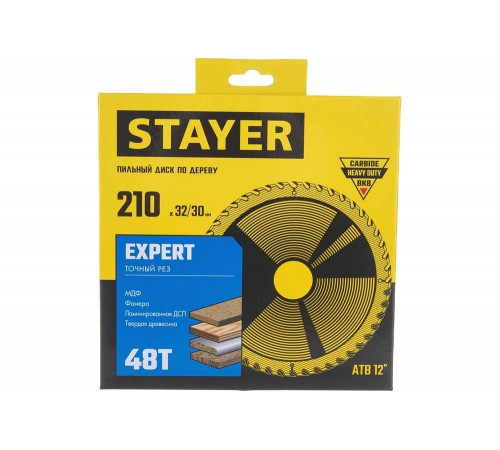 STAYER EXPERT 210 x 32/30мм 48Т, диск пильный по дереву, точный рез STAYER EXPERT 210 x 32/30мм 48Т, диск пильный по дереву, точный рез