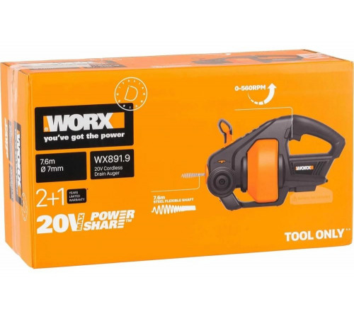 Устройство для прочистки труб WORX аккумуляторное, 20 В, без АКБ и ЗУ, коробка WX891.9 Устройство для прочистки труб WORX аккумуляторное, 20 В, без АКБ и ЗУ, коробка WX891.9