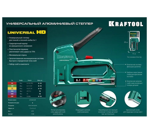 KRAFTOOL 6-в-1, тип 53, 53F, 140, 13, 300, 500, степлер для скоб Universal HD 3188
