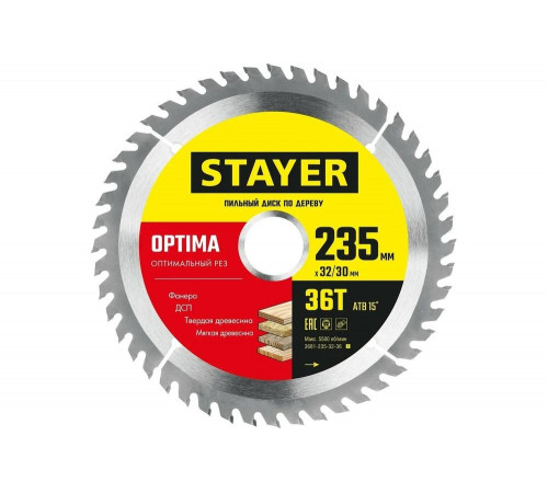 STAYER OPTIMA 235 x 32/30мм 36Т, диск пильный по дереву, оптимальный рез STAYER OPTIMA 235 x 32/30мм 36Т, диск пильный по дереву, оптимальный рез