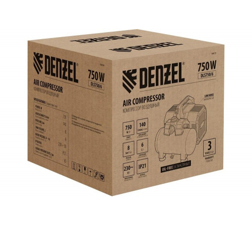 Компрессор Denzel dls750/6 безмасляный малошумный 750 вт, 140 л/мин, ресивер 6 л 58019 Компрессор Denzel dls750/6 безмасляный малошумный 750 вт, 140 л/мин, ресивер 6 л 58019