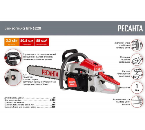 Бензопила Ресанта БП-6220 Бензопила Ресанта БП-6220