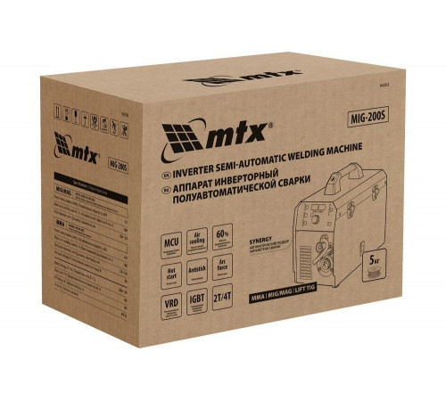 Инверторный полуавтомат сварки MTX MIG-200S 200 А, катушка 5 кг MTX 94303 Инверторный полуавтомат сварки MTX MIG-200S 200 А, катушка 5 кг MTX 94303