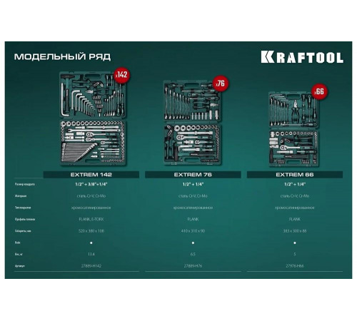 Универсальный набор инструмента KRAFTOOL Extrem-76 76 предм., (1/2"+3/8"+1/4") 27889-H76