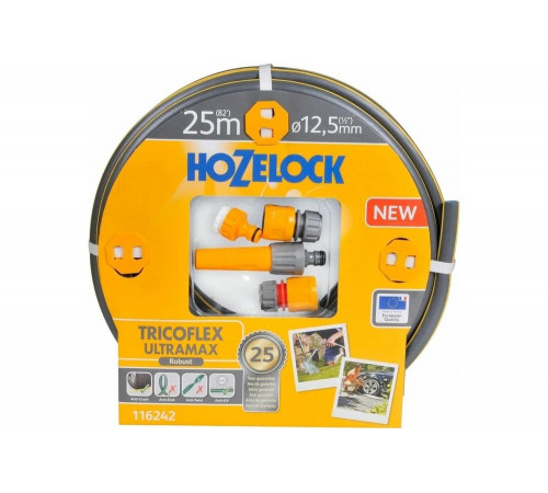 Набор для полива Hozelock: шланг Tricoflex Ultramax 1/2", 25 м с коннекторами и наконечником 116242 Набор для полива Hozelock: шланг Tricoflex Ultramax 1/2", 25 м с коннекторами и наконечником 116242