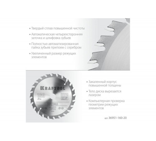 Диск пильный по дереву Optima 160x20 мм, 24Т KRAFTOOL 36951-160-20