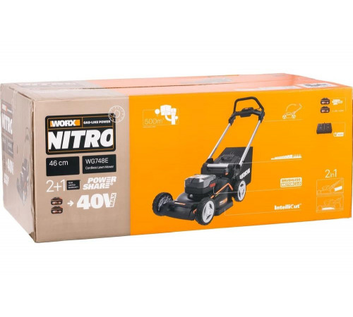 Аккумуляторная газонокосилка WORX 46 см, бесщеточная, 40В, 4Ач х2, ЗУ 2А х2, коробка WG748E Аккумуляторная газонокосилка WORX 46 см, бесщеточная, 40В, 4Ач х2, ЗУ 2А х2, коробка WG748E