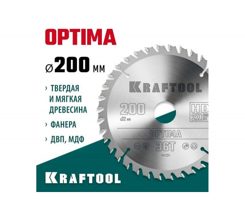 Диск пильный по дереву KRAFTOOL Optima 200x32 мм, 36Т 36951-200-32 Диск пильный по дереву KRAFTOOL Optima 200x32 мм, 36Т 36951-200-32
