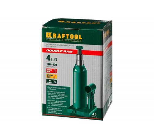KRAFTOOL 4 т, 170-420 мм, домкрат гидравлический бутылочный сварной телескопический Double Ram 43463-4 Professional