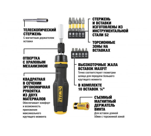Отвертка со сменными вставками DEWALT 10 шт DWHT0-66567