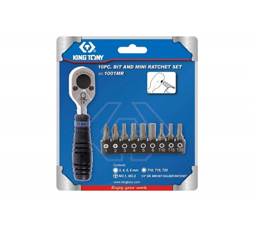 KING TONY 1001MR Набор вставок (бит) 1/4 дюйма с трещоткой TORX T10-T20, HEX H3-H6, PH1, PH2, 10 предметов KING TONY 1001MR Набор вставок (бит) 1/4 дюйма с трещоткой TORX T10-T20, HEX H3-H6, PH1, PH2, 10 предметов