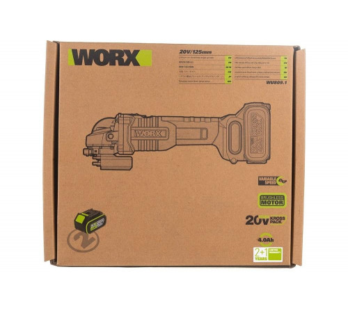 Угловая аккумуляторная бесщеточная шлифмашина WORX Professional WU809.1 20В, 125мм, 4Ач х2, ЗУ WU809.1