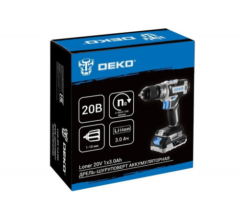 Аккумуляторная дрель-шуруповерт DEKO Loner 20V, 20В, 1x3.0Ач 085-1006 Аккумуляторная дрель-шуруповерт DEKO Loner 20V, 20В, 1x3.0Ач 085-1006
