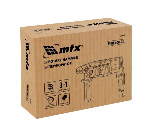 Электрический перфоратор MTX mrh-600-22, sds-plus, 600 Вт, 2.2 Дж, 3 плюс 1 реж. 26682 Электрический перфоратор MTX mrh-600-22, sds-plus, 600 Вт, 2.2 Дж, 3 плюс 1 реж. 26682