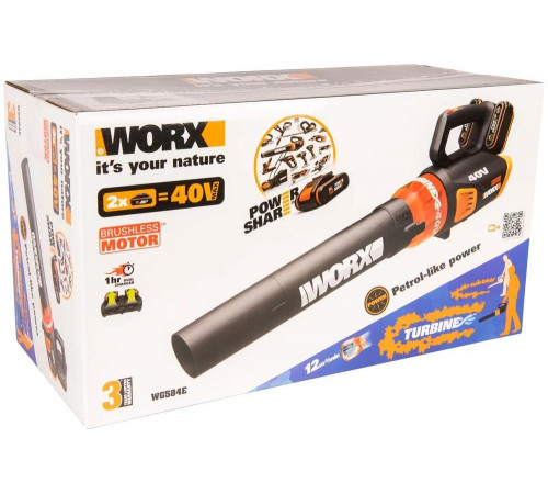 Аккумуляторная бесщеточная воздуходувка WORX 40В, 2х2.0 Ач, двойное ЗУ 2x2A WG584E Аккумуляторная бесщеточная воздуходувка WORX 40В, 2х2.0 Ач, двойное ЗУ 2x2A WG584E