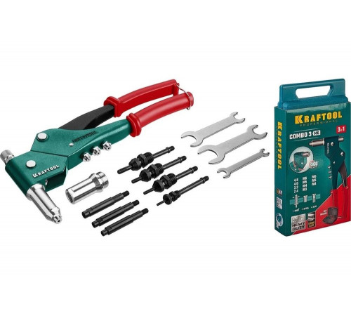 Поворотный заклепочник KRAFTOOL Combo3-M6 360°, комбинированный, в кейсе, 3 вида заклёпок Поворотный заклепочник KRAFTOOL Combo3-M6 360°, комбинированный, в кейсе, 3 вида заклёпок