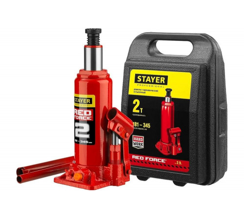 STAYER 2 т, 181-345 мм, домкрат бутылочный гидравлический в кейсе RED FORCE 43160-2-K_z01 Professional STAYER 2 т, 181-345 мм, домкрат бутылочный гидравлический в кейсе RED FORCE 43160-2-K_z01 Professional