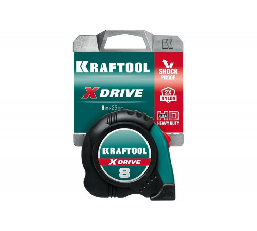 KRAFTOOL 8 м х 25 мм, ударостойкий обрезиненный корпус, рулетка X-Drive 34122-08_z02