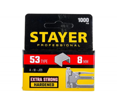 STAYER скобы тип 53 (A / 10 / JT21), 8 мм, 1000 шт., закаленные, особотвердые, скобы для степлера тонкие 3159-08_z02 Professional STAYER скобы тип 53 (A / 10 / JT21), 8 мм, 1000 шт., закаленные, особотвердые, скобы для степлера тонкие 3159-08_z02 Professional