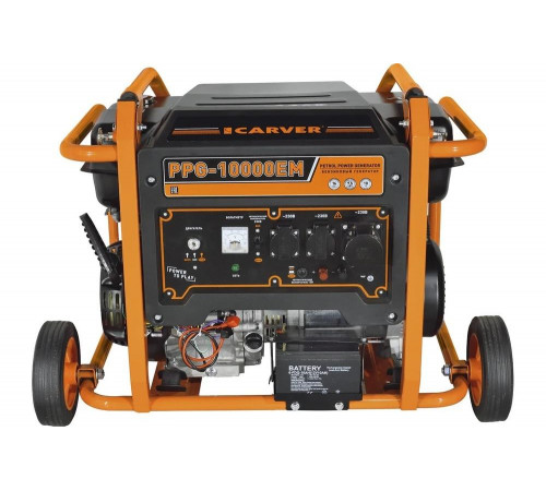 Генератор CARVER PPG-10000ЕM бензин LT-192FA, 7,0/7,5кВт, 220В, бак 33 л,электростартер, колеса, медь 01.020.00031
