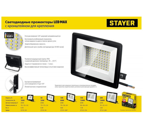 Светодиодный прожектор STAYER Led-max 200 Вт 57131-200 Светодиодный прожектор STAYER Led-max 200 Вт 57131-200
