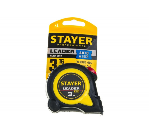 STAYER 3 м х 16 мм, автостоп, ударостойкий, обрезиненный корпус, рулетка LEADER 3402-3_z02 Professional