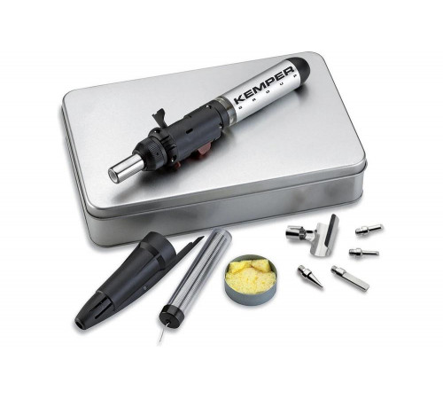 Паяльник газовый (горелка) KEMPER с пьезоподжигом для микропайки в кейсе, 6 насадок 12100KIT
