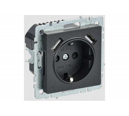 1-местная розетка IEK Brite с заземлением с защитными шторками 16а с usb a+a 5в 3,1а рюш10-2-брч черный BR-R14-16-U21-D31-K02