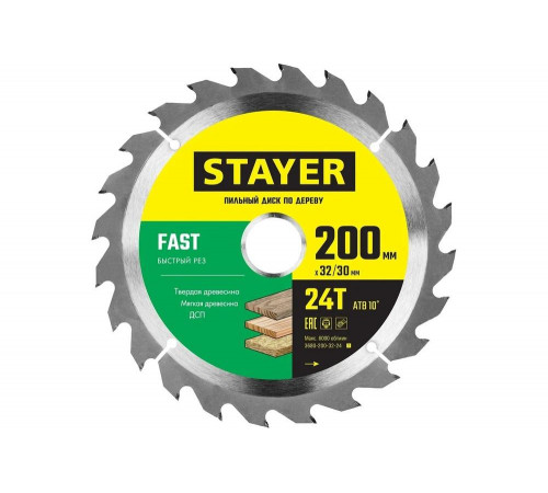 STAYER FAST 200 x 32/30мм 24Т, диск пильный по дереву, быстрый рез