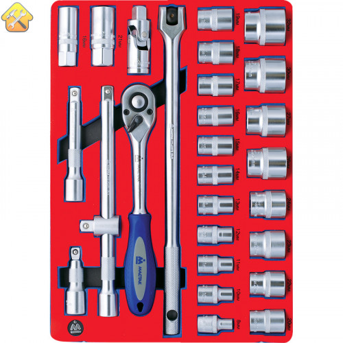 Набор торцевых головок 1/2" с принадлежностями, двенадцатигранные, ложемент, 28 предметов МАСТАК 5-004228