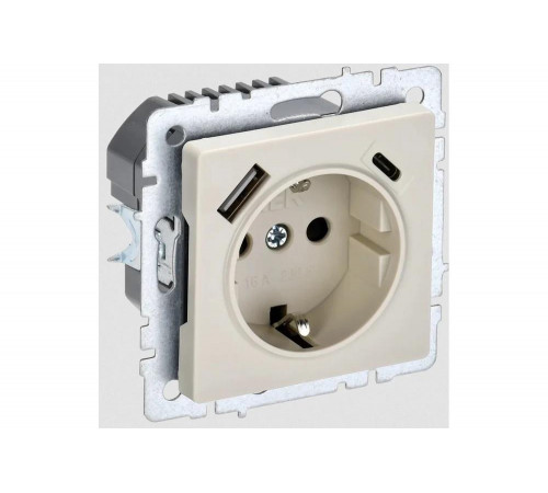 1-местная розетка IEK Brite с заземлением с защитными шторками 16а с usb a+c 18вт рюш11-1-бркр бежевый BR-R14-16-U22-018-K10