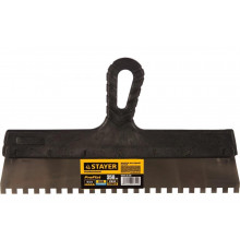 Нержавеющий зубчатый шпатель с пластмассовой ручкой, 350мм, зуб 8х8мм STAYER 1009-35-08