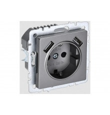 1-местная розетка IEK Brite с заземлением с защитными шторками 16а с usb a+a 5в 2,1а рюш10-1-брс сталь BR-R14-16-U21-D21-K46