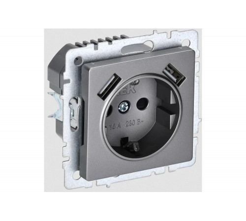 1-местная розетка IEK Brite с заземлением с защитными шторками 16а с usb a+a 5в 2,1а рюш10-1-брс сталь BR-R14-16-U21-D21-K46