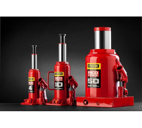 STAYER 50 т, 300-480 мм, домкрат бутылочный гидравлический RED FORCE 43160-50_z01 Professional