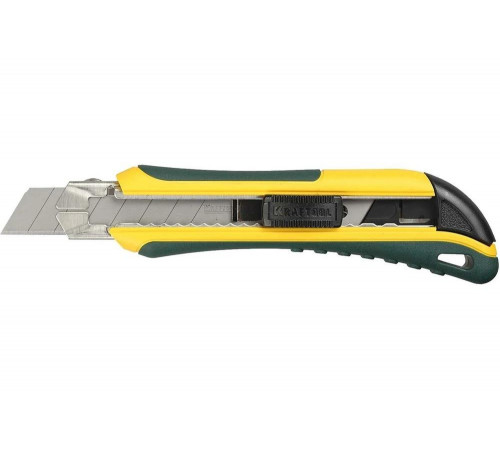 Нож KRAFTOOL с сегментированным лезвием, 2-х комп., усилен, автофиксация, кассета с 6 лезвиями, допфиксатор, 18 мм 09193