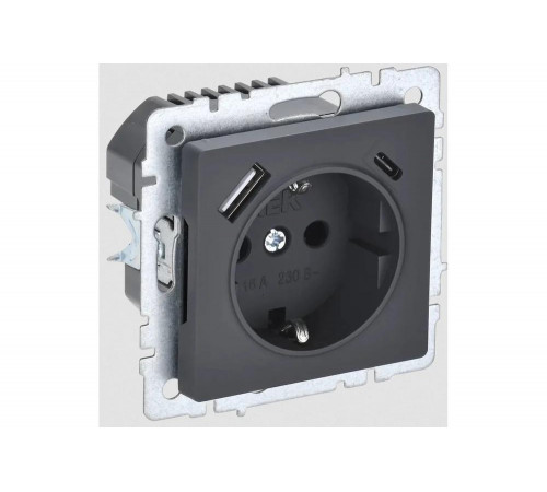 1-местная розетка IEK Brite с заземлением с защитными шторками 16а с usb a+c 18вт рюш11-1-брг графит BR-R14-16-U22-018-K53