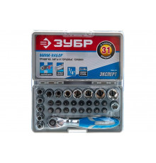 Набор: биты 16шт,торцовые головки с мини трещоткой 12шт,адаптер для бит SQ 1/4"хHex 1/4",удлинитель 1/4"/80мм Зубр 26054-H31